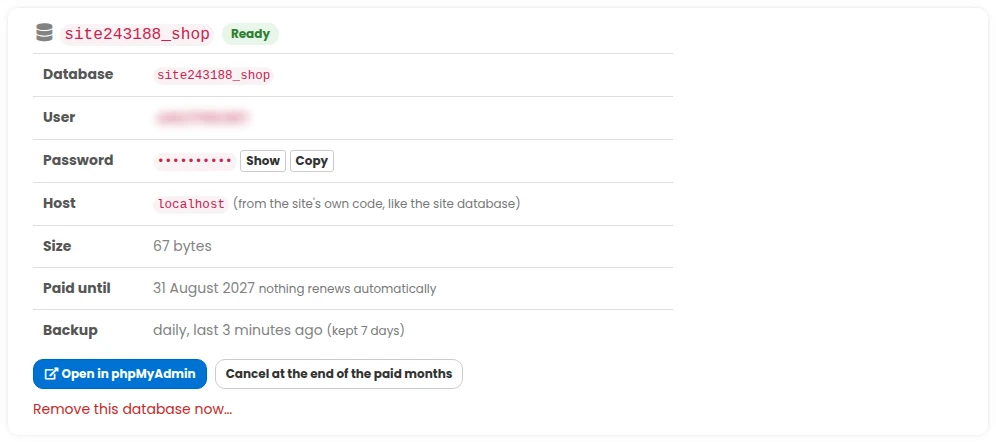 The Extra databases page of a site in the PBN LTD dashboard, with one ready extra database, its name, user, hidden password, size, paid-until date and daily backup, and the buttons Open in phpMyAdmin, Renew and Cancel