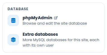 The site page in the PBN LTD dashboard with the Extra databases tile in the Database group, next to phpMyAdmin