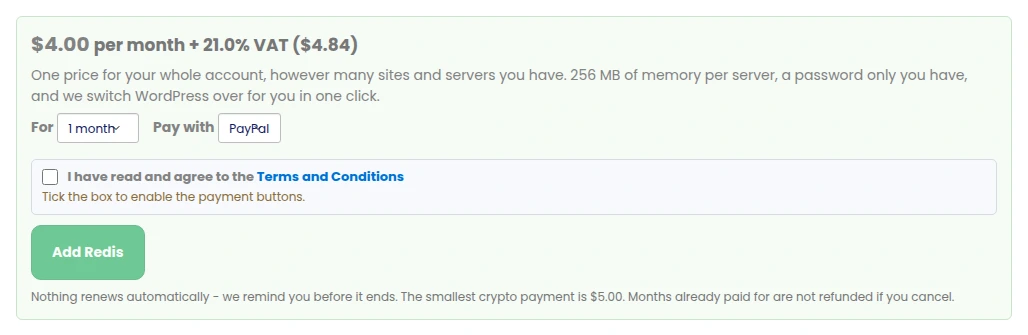 The Redis page in the PBN LTD dashboard showing the price of 4 US dollars per month plus VAT, a choice of 1, 3, 6 or 12 months, PayPal as the payment method, the Terms and Conditions tick box and the Add Redis button