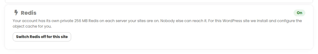 The Redis panel on a WordPress site's Usage and add-ons tab, switched On, with the button Switch Redis off for this site
