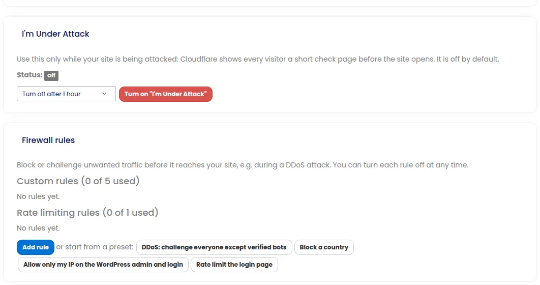 A site's Security tab with bot protection, page caching and I'm Under Attack mode