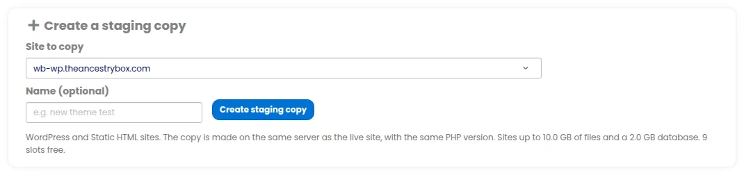 The Create a staging copy form in the PBN LTD dashboard, with a site chosen and the Create staging copy button