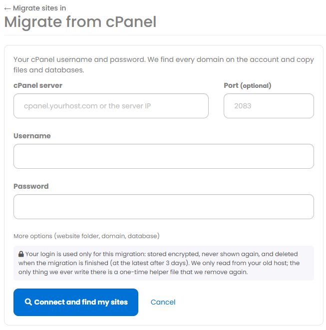 Migrate from cPanel form