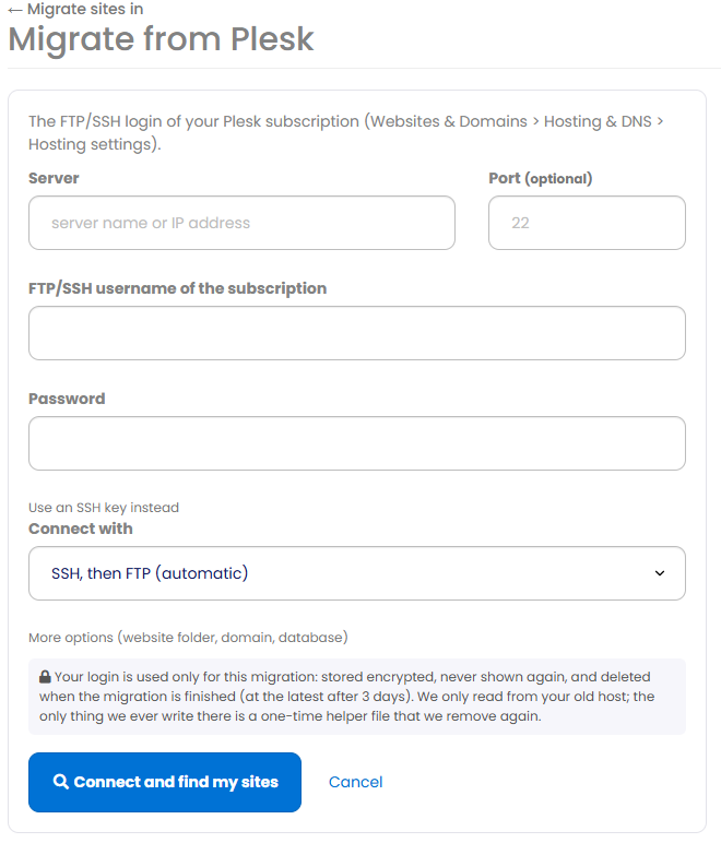 Migrate from Plesk form
