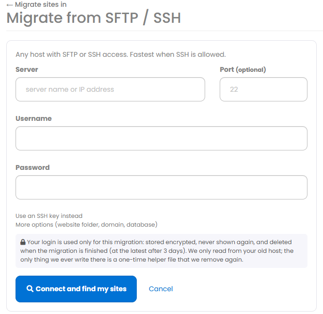 Migrate from SFTP/SSH form