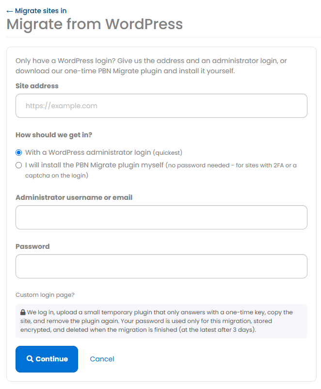 The Migrate from WordPress form