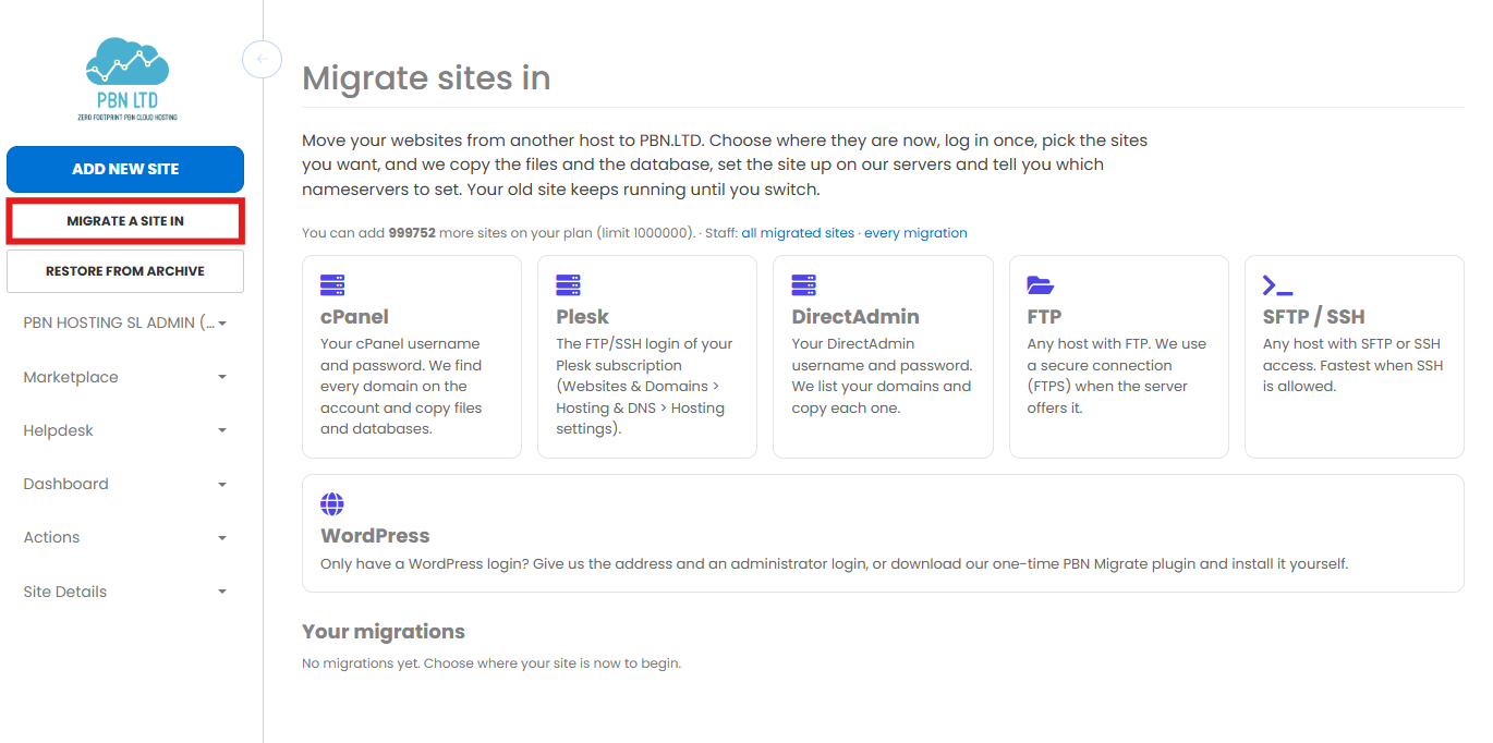 The Migrate sites in page