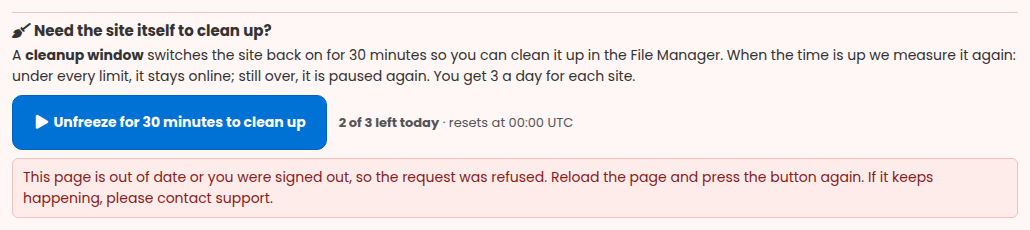 A cleanup window that cannot start shows the reason right under the button