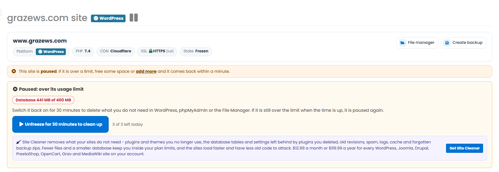 Paused notice at the top of the site control panel