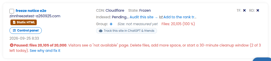 A paused site on the Sites list: the figures, what visitors see and See why and fix it