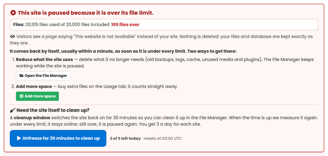 The red box at the top of a paused site page: why it is paused, the figures and the ways out
