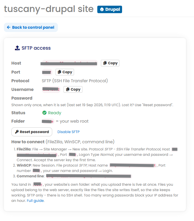 The SFTP access panel