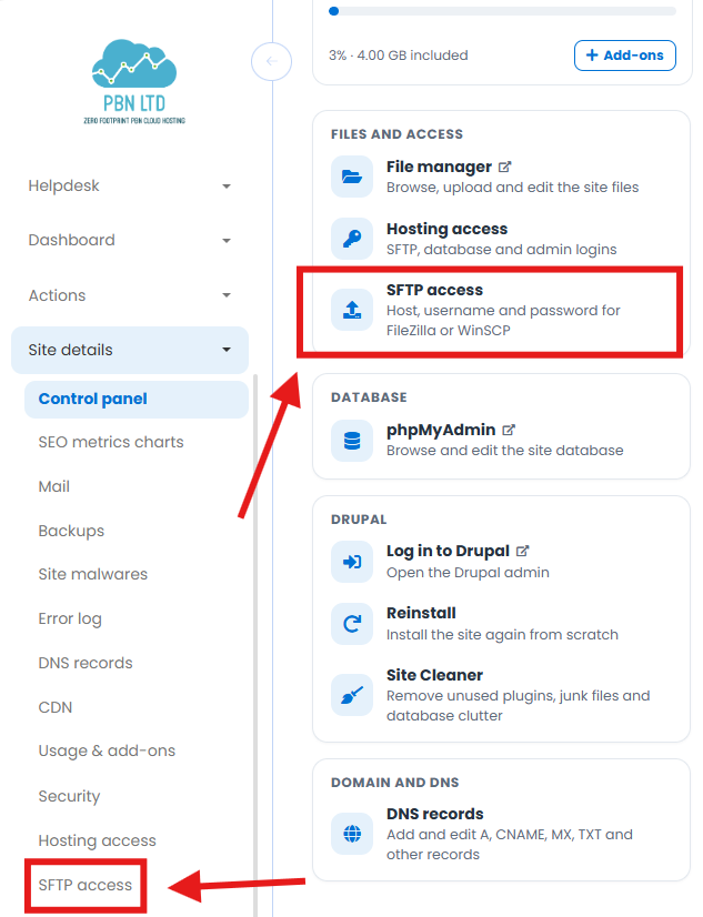 SFTP access in the site control panel