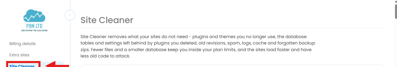 Site Cleaner in the account menu