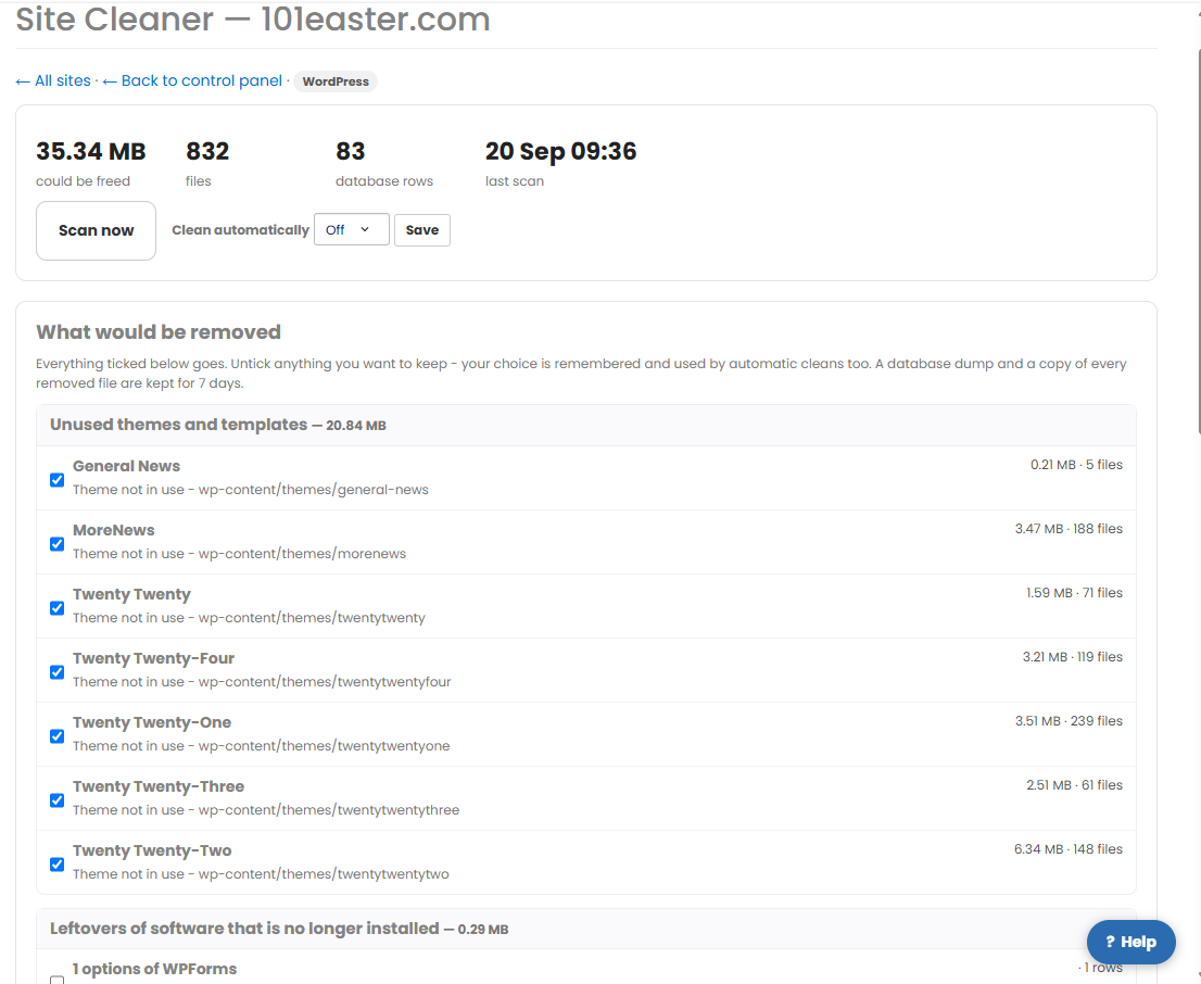 Site Cleaner scan results showing what would be removed