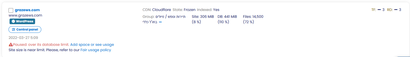 A site paused for going over its database limit on the sites list