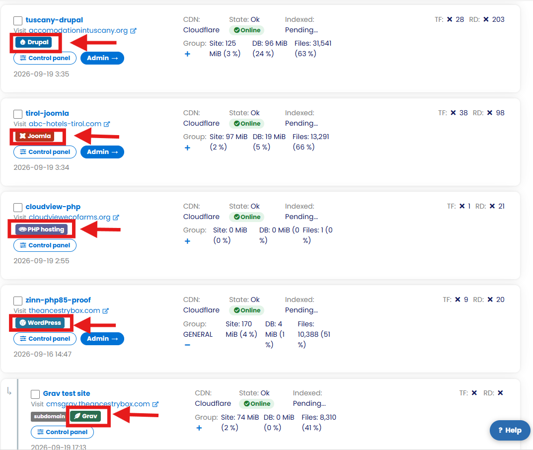 Site type badges in the sites list