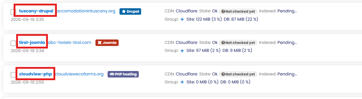 The dashboard site list