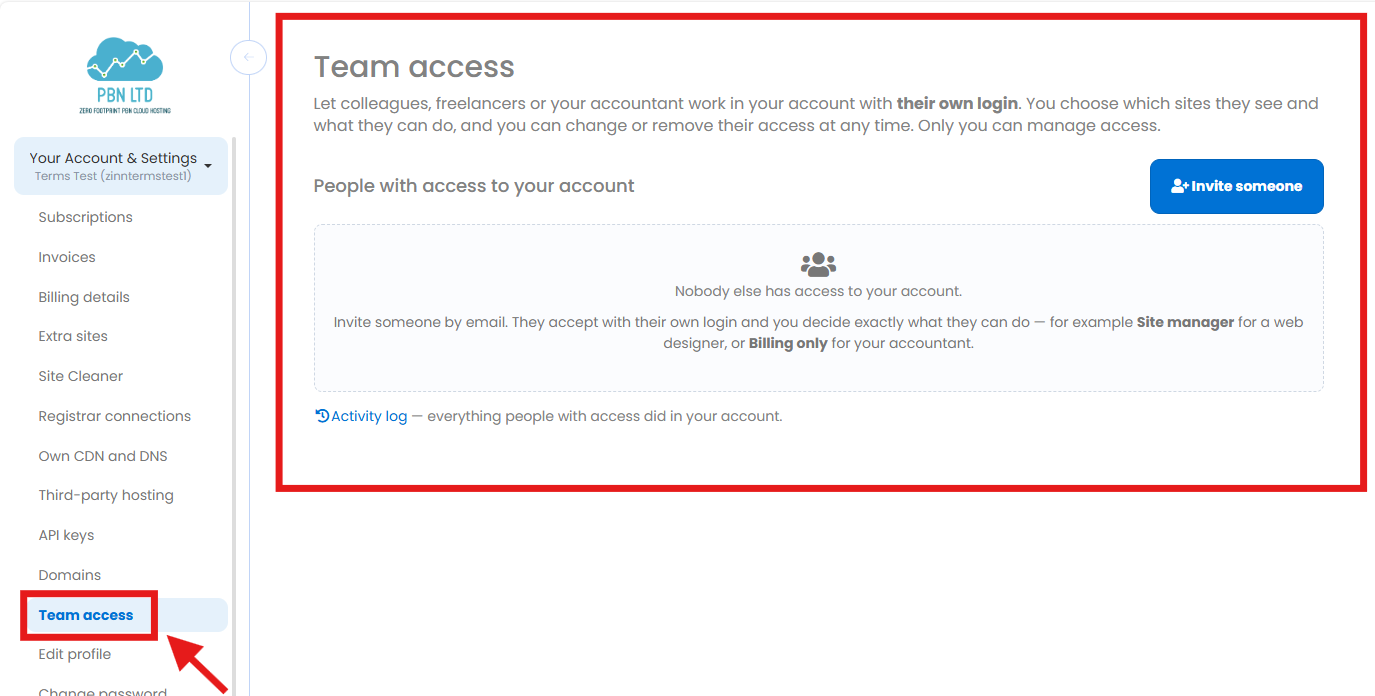 The Team access page