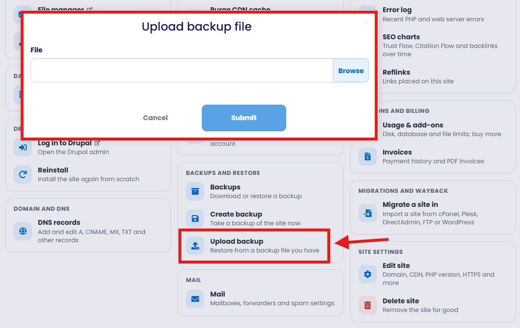 The Upload backup file dialog