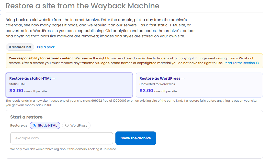 The Wayback restore page