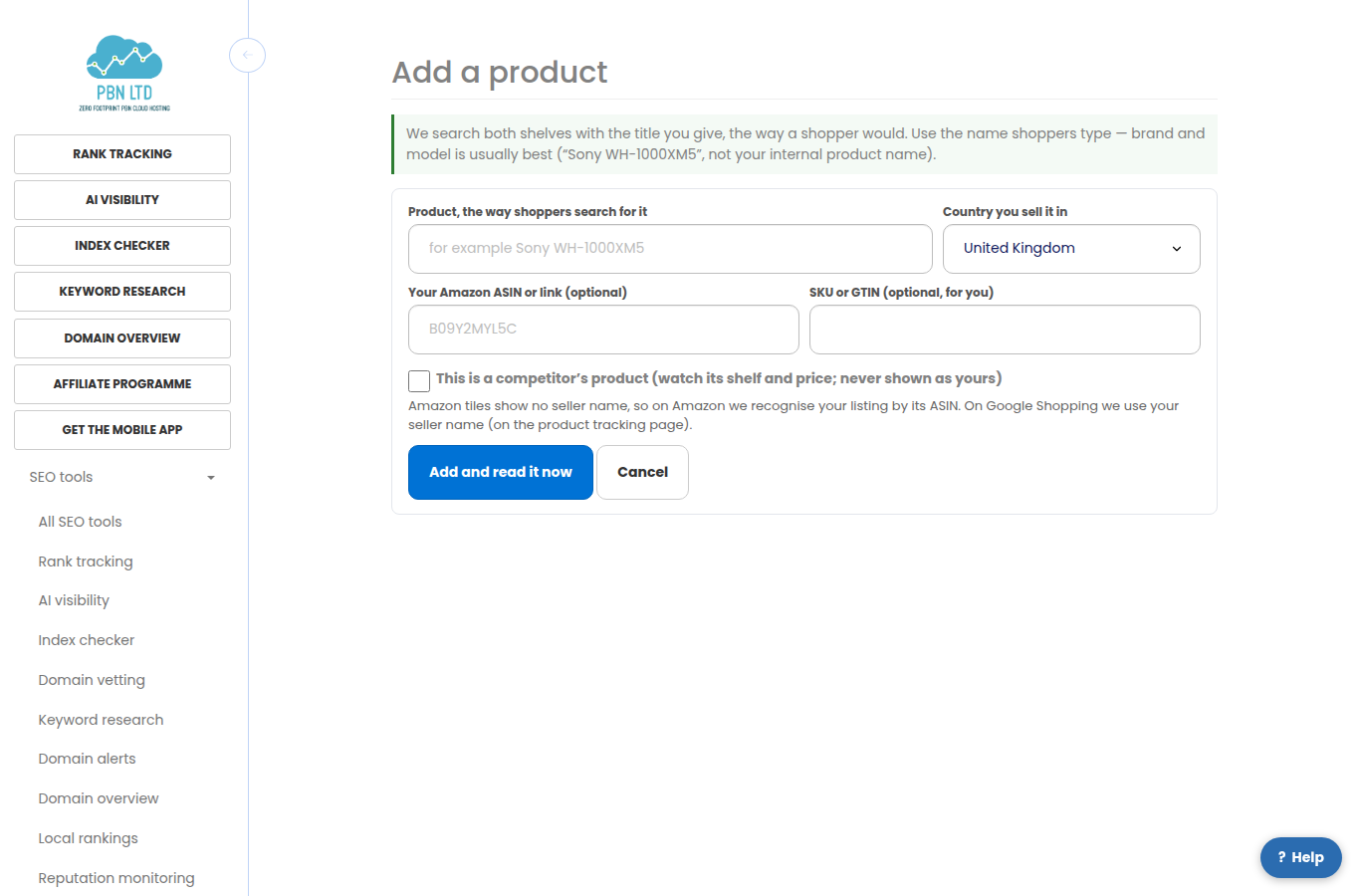 The add-a-product form: title, country, Amazon ASIN, SKU and the competitor tick