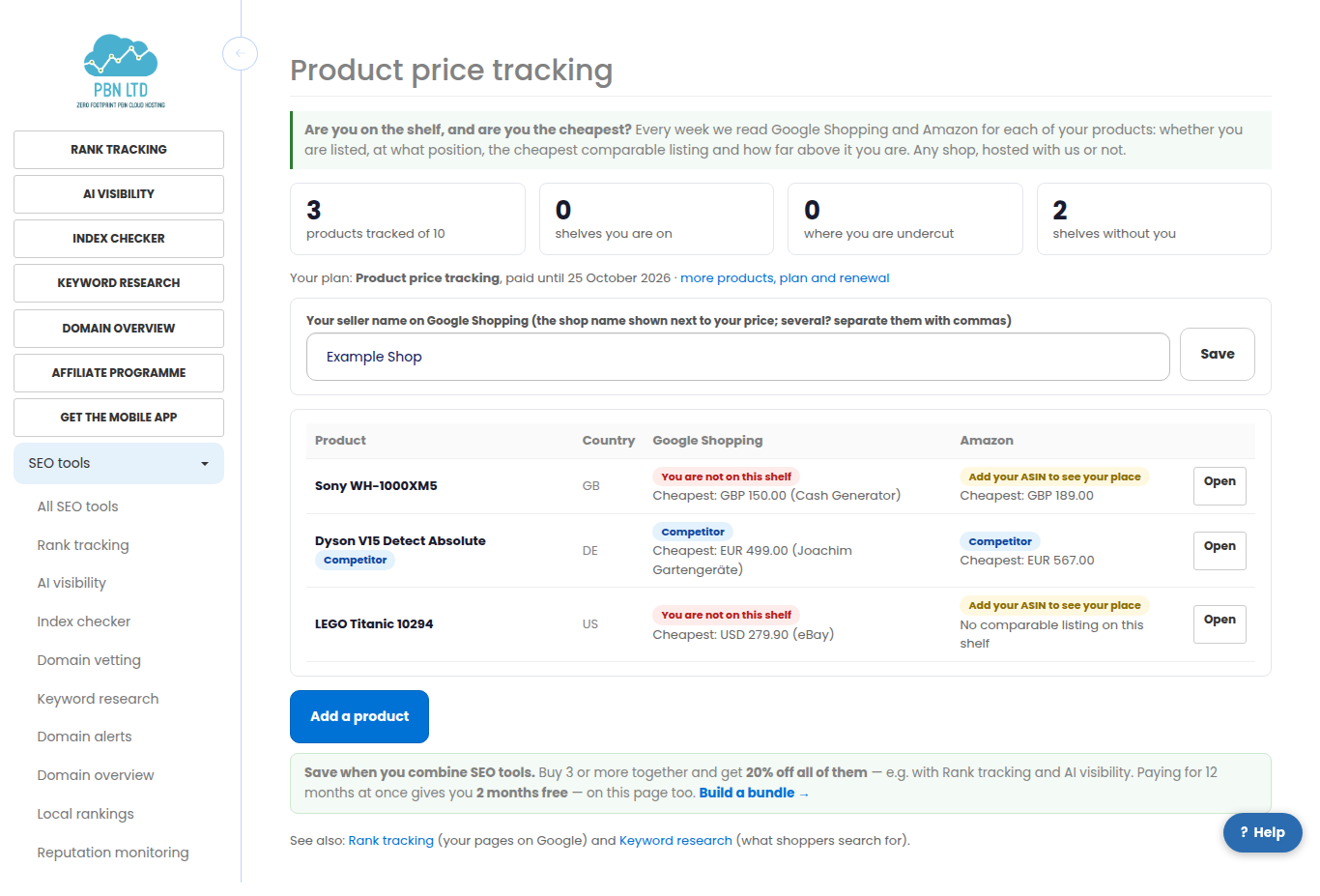 The product tracking page: the seller name box and every product with its place on Google Shopping and on Amazon.