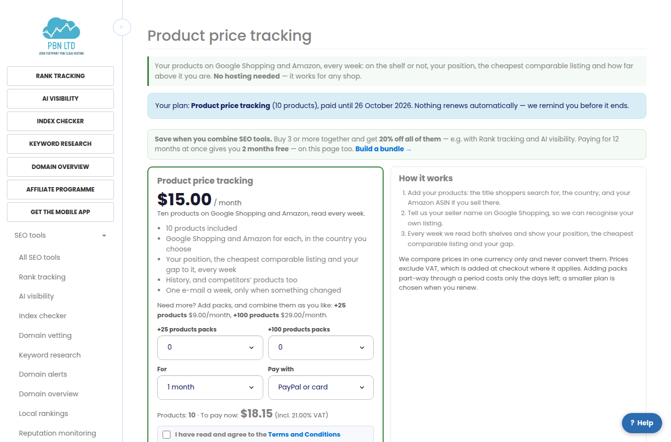 The plans page: the plan, the extra-product packs, the period and the total to pay