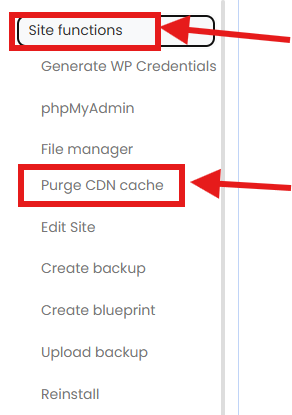 Site Functions menu with Purge CDN cache highlighted