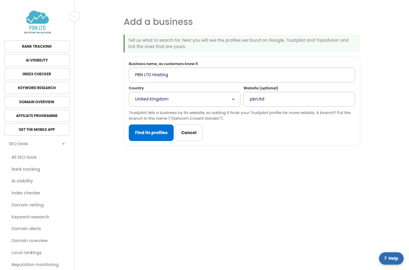 The add-a-business screen: the business name, its country and its website