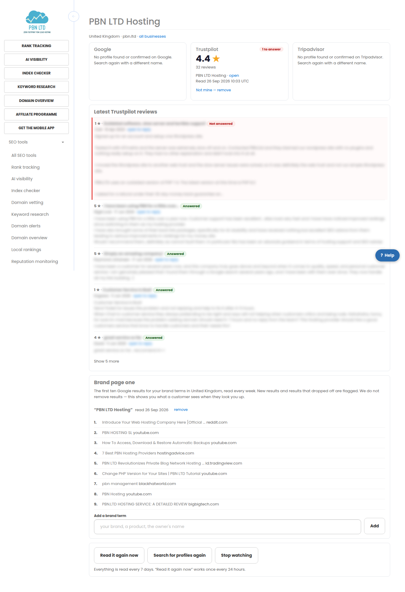 The reputation page for one business: its Trustpilot rating of 4.4 from 32 reviews with one poor review still to answer, the latest reviews with the unanswered poor one first, and the first page of Google for the brand name.