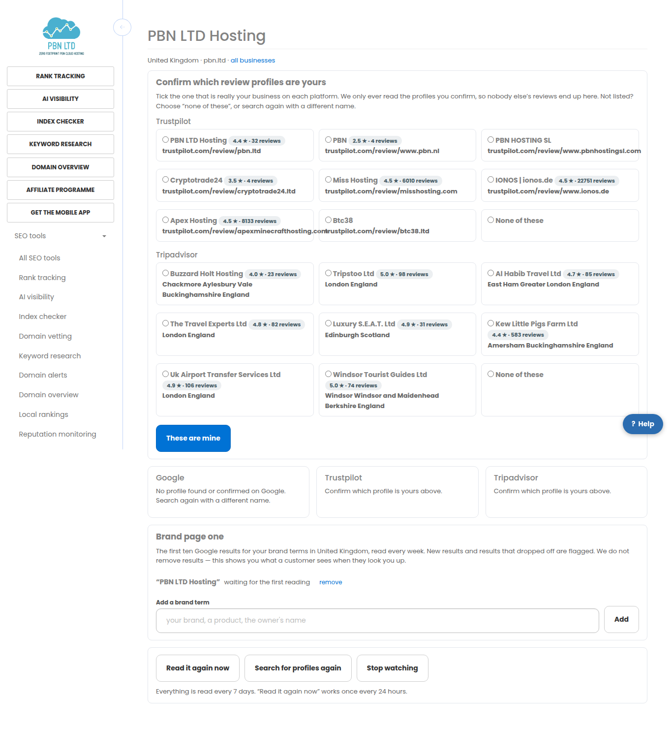 The confirm step: the profiles found on Trustpilot and Tripadvisor for a business name, each with its rating and review count, and a choice of none of these.
