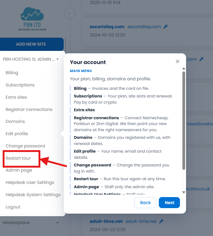 The account menu with Restart tour highlighted