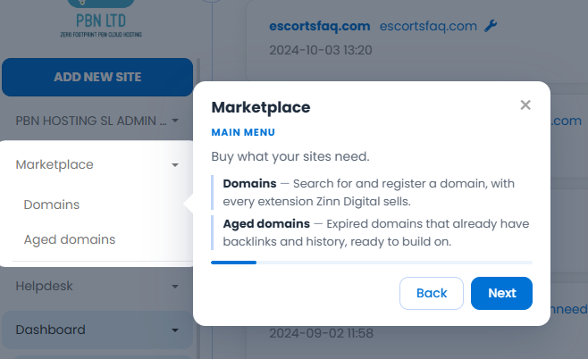 A guided tour step highlighting the Marketplace menu and explaining it