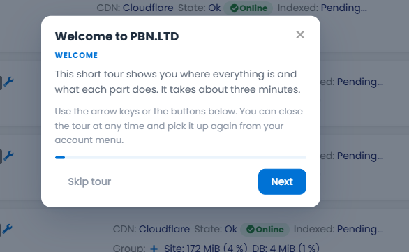 The Welcome to PBN.LTD guided tour dialog with Skip tour and Next buttons
