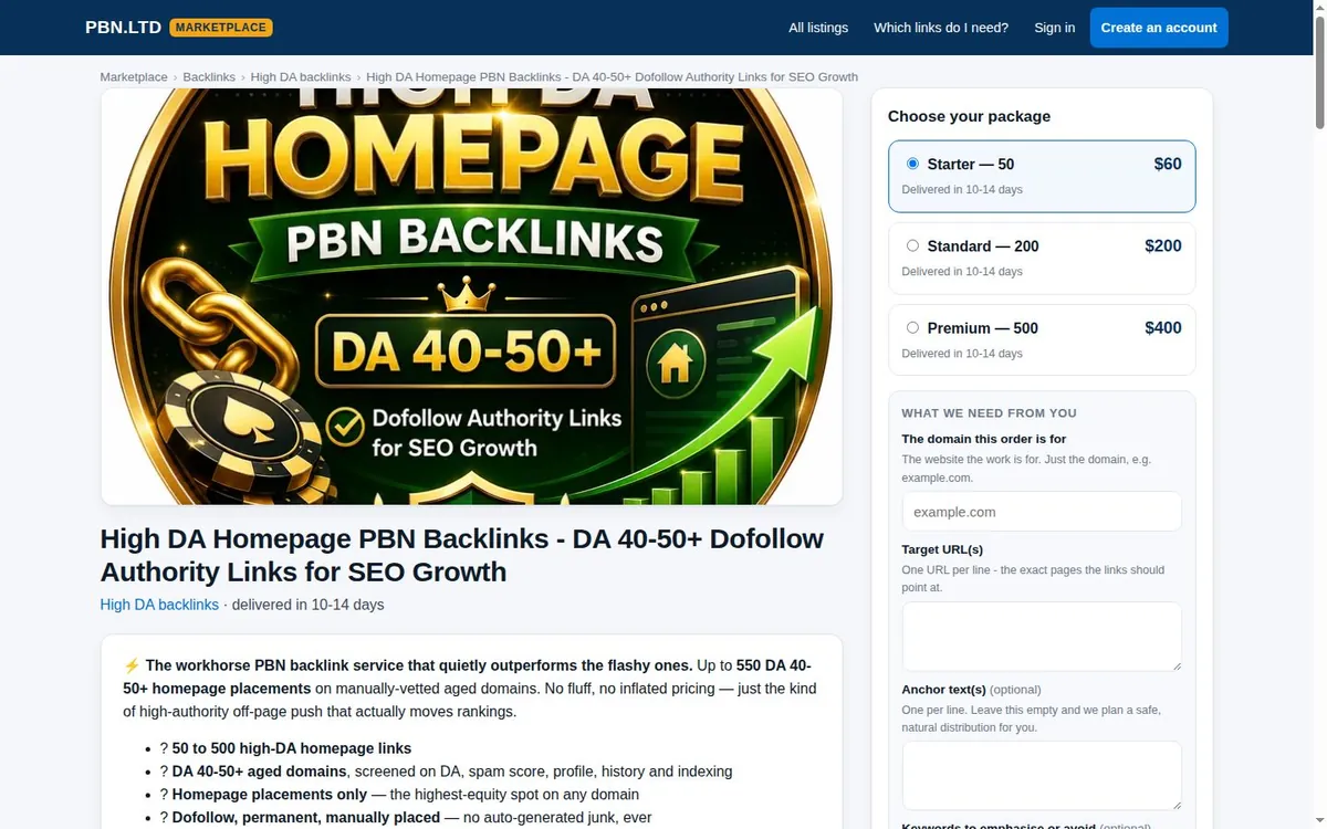 A marketplace listing showing the package chooser with three sizes and prices, and the form asking for the domain, target URLs and anchor texts