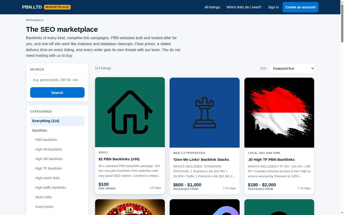 The PBN.LTD marketplace with a search box, the category list and listing cards showing prices and delivery times