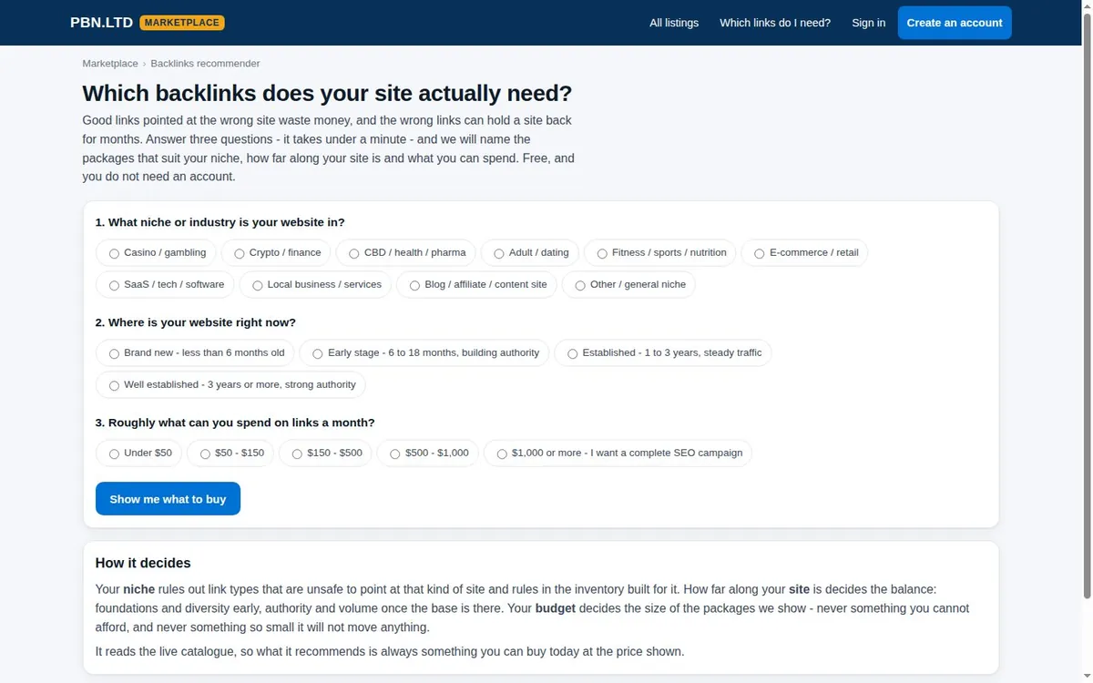 The backlinks recommender asking for niche, how established the site is, and monthly budget