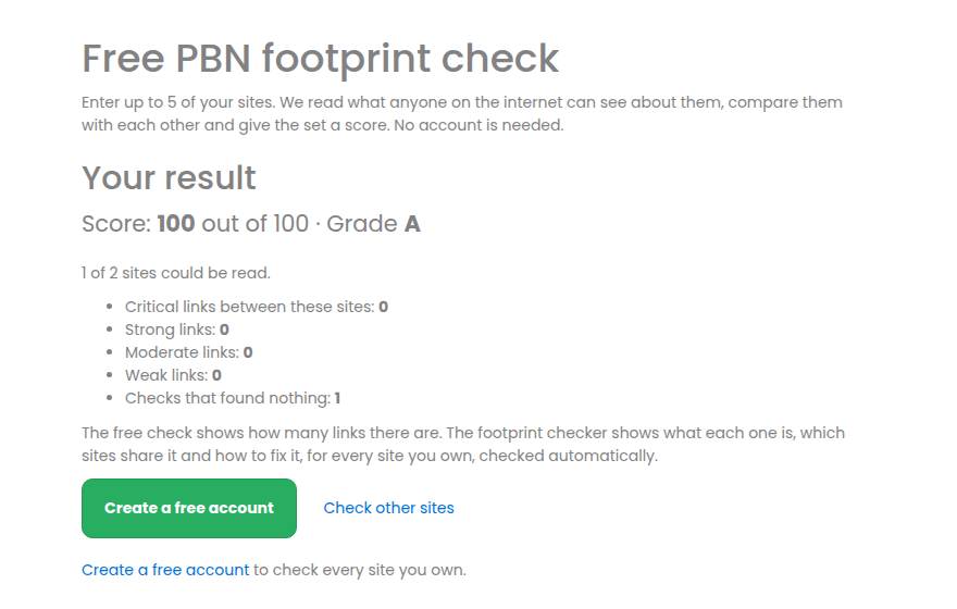 The free footprint check result: a score, a grade and the number of links at each level