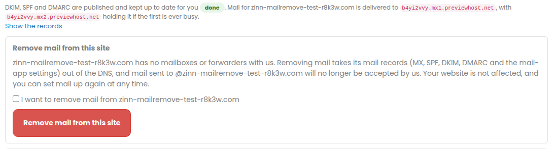 The Remove mail from this site card on a site Mail tab
